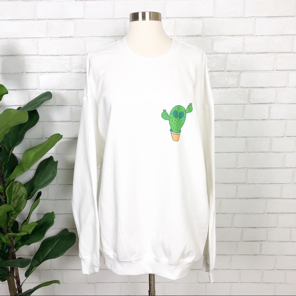 Femfetti White Unisex Sweatshirt Cactus Alien XL